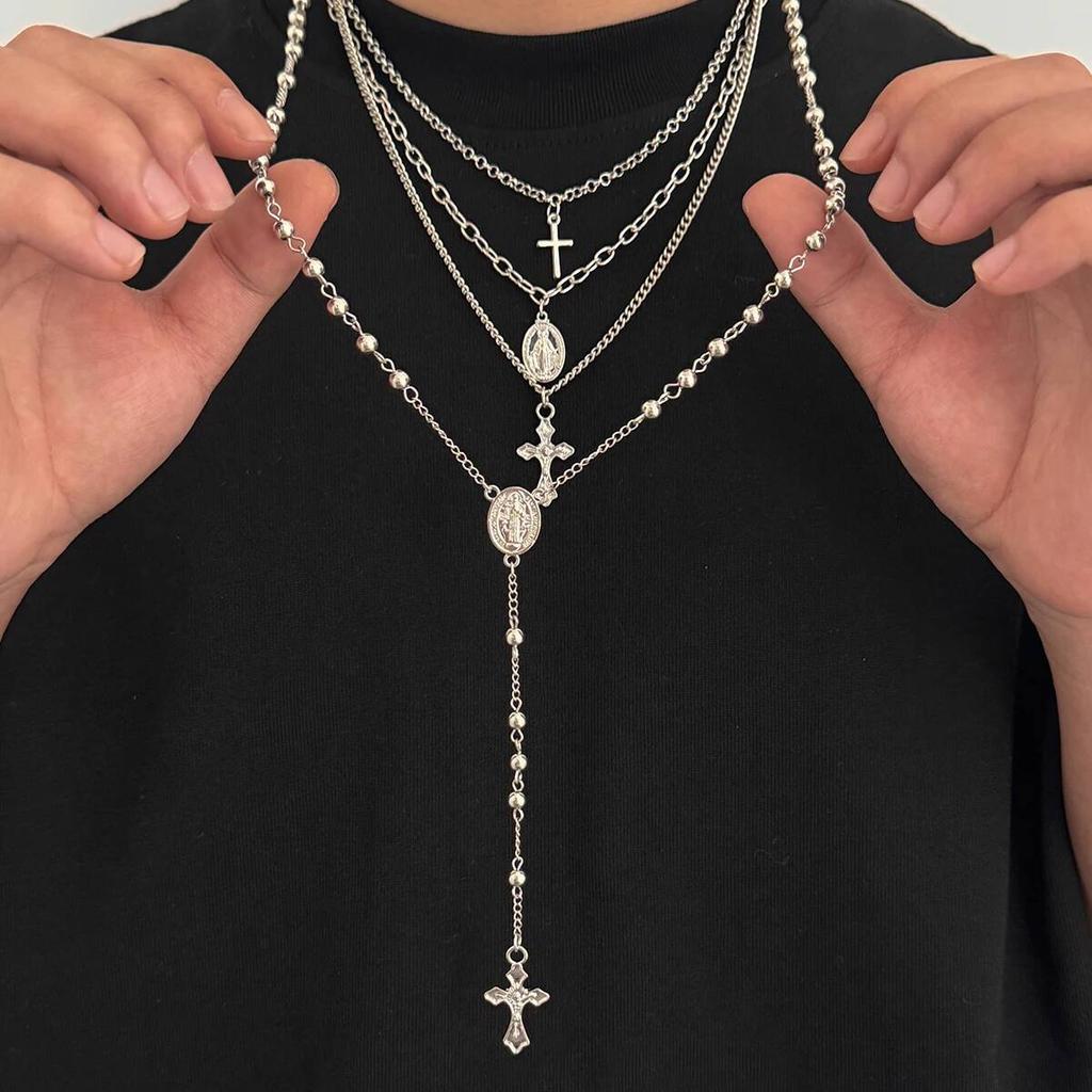 Ingemark 4Pcs/Set Goth Cross Jesus Pendant Choker Necklace for Women Vintage Gold Color Long Chain Christian Jewelry Men Gift