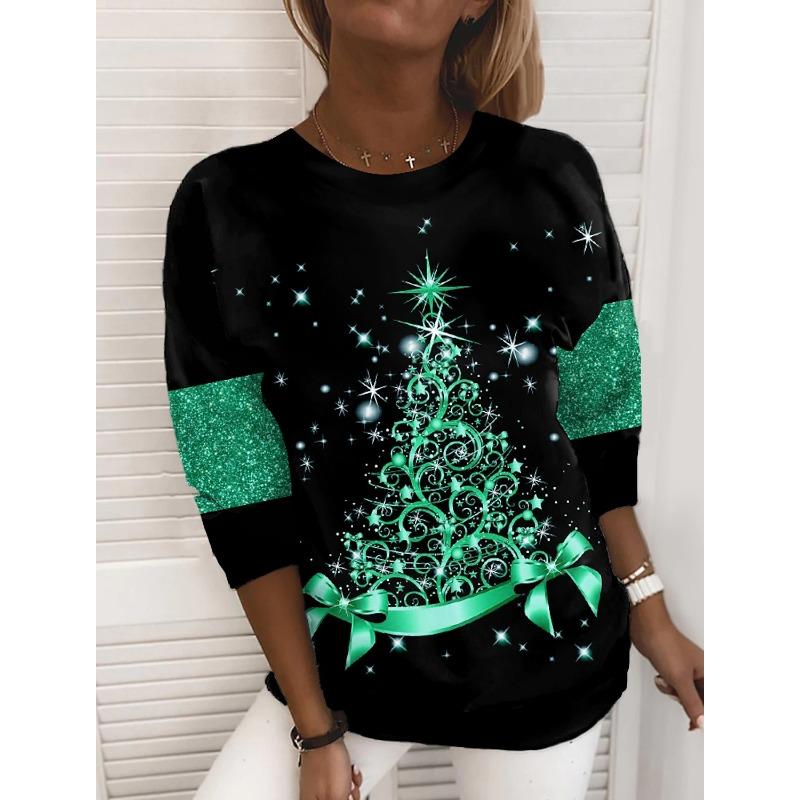 XS-8XL Women's T Shirt Tee Snowflake Sparkly Christmas Tree Christmas Weekend Painting Tee Long Sleeve Print Round Neck Basic