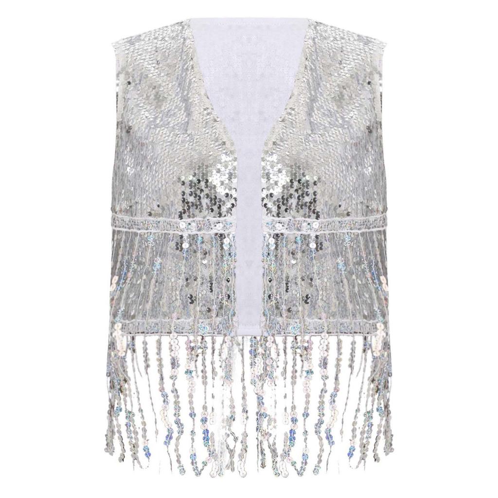 Damen Pailletten Cowgirl Weste Top Offene Vorderseite Ärmellos Quasten Cardigan Weste Glänzend 70er Jahre Disco Kostüm