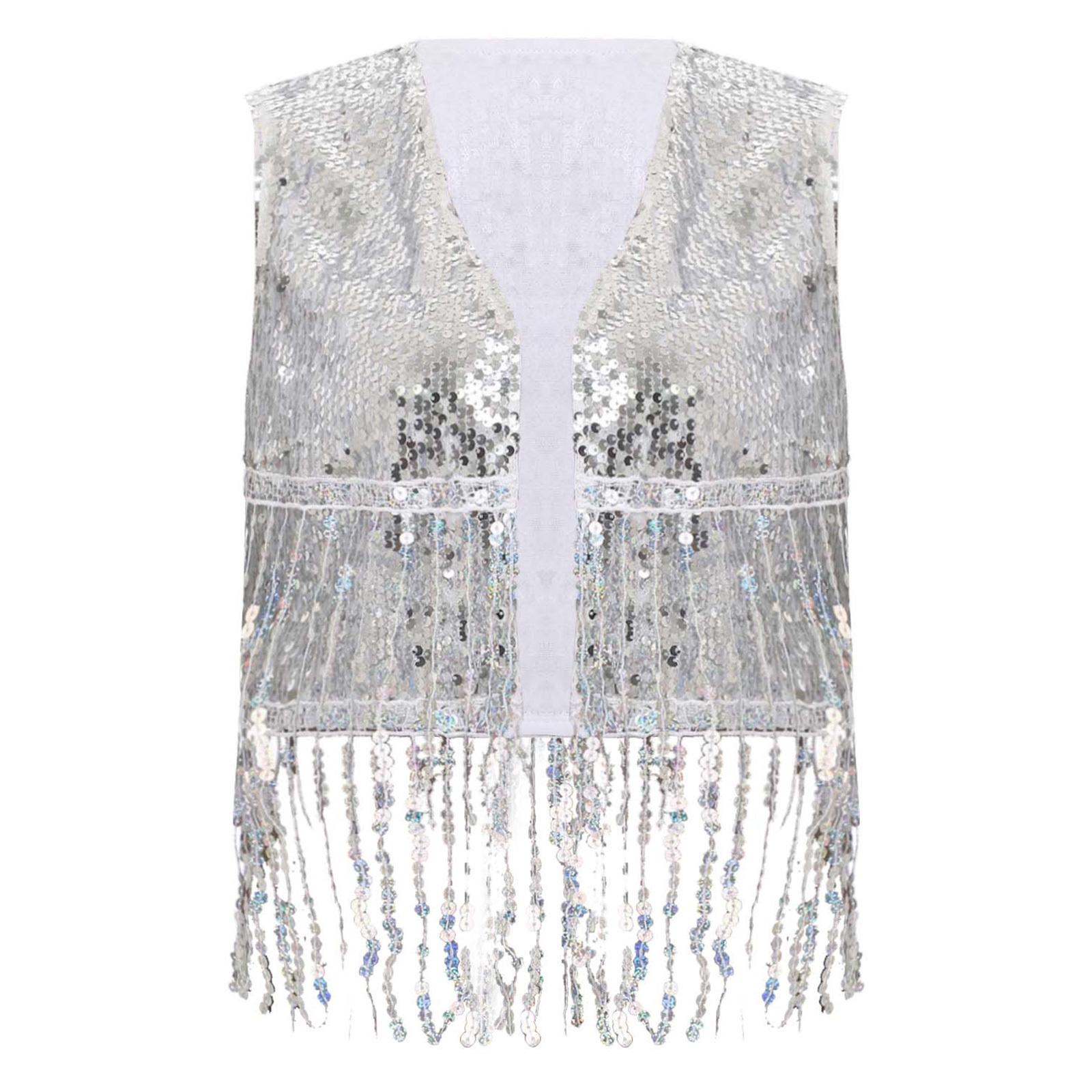

Женский жилет в стиле диско 70-х годов, расшитый пайетками жилет с кисточками, открытый спереди, без рукавов S серебряный