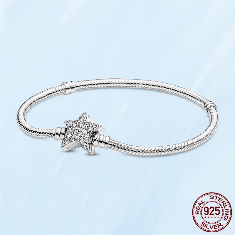 

925 пробы стерлингового серебра кубический циркон звезда звено цепи змея кость цепочка браслет для женщин подходит оригинальные модные подвески бусины DIY изготовление 20cm