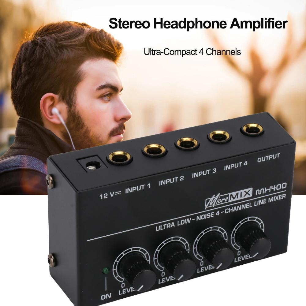 4 Channel Line Mixer Mini Sound Mixer DC 12V Easy Operation Audio Mixer Ultra Low Noise 4 Input 1 Output with Power Adapter