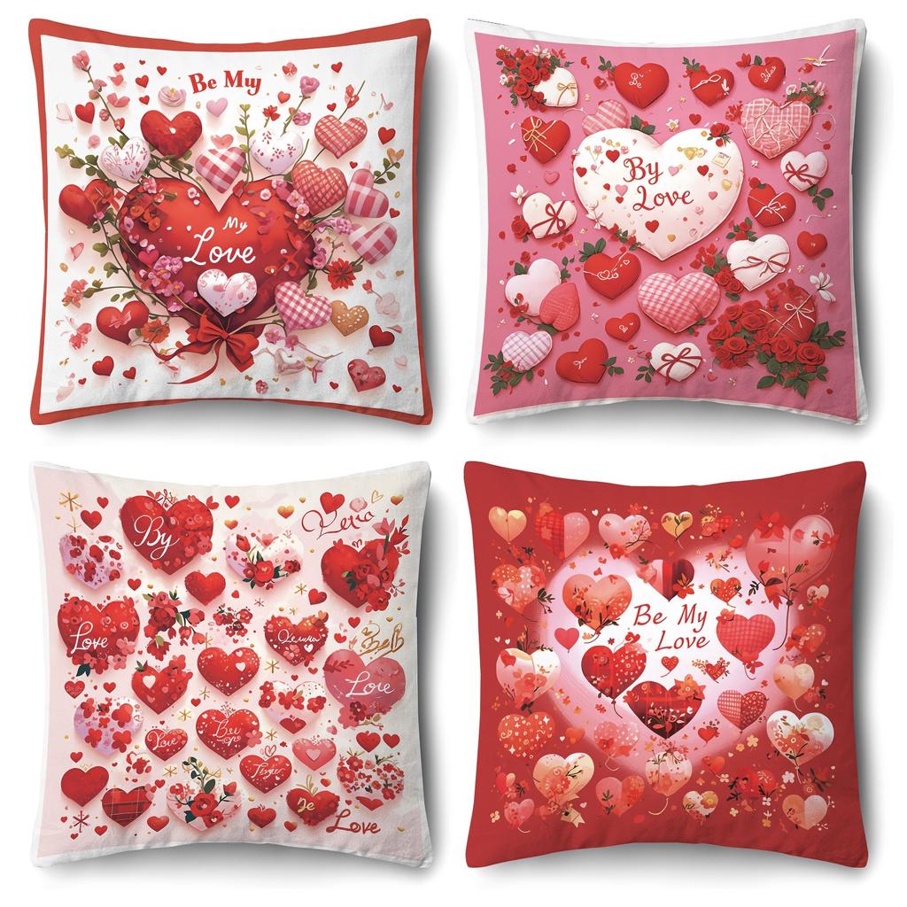 4pcs Valentine'S Day Love Heart Print Throw Pillow Covers, Modern Style, Polyester, Zipper, Machine Washable, 18 x 18 Inches, Single-Sided Print
