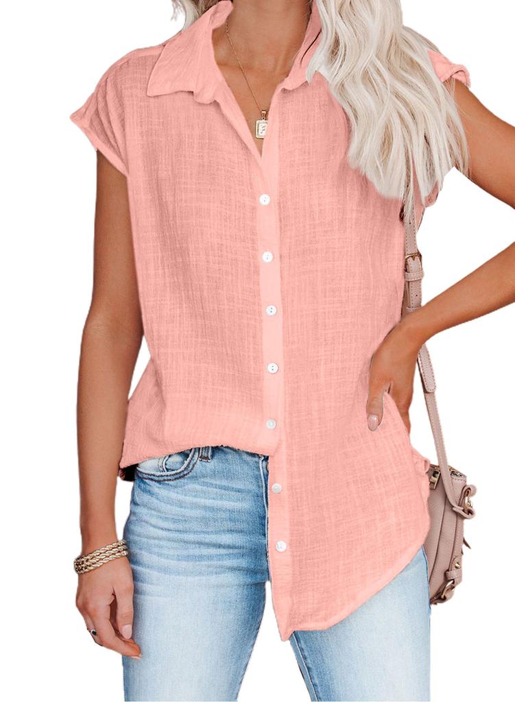 Damen Unifarbene Ärmellose Baumwollbluse mit Umlegekragen und Knöpfen Locker Lässig Sommer Top