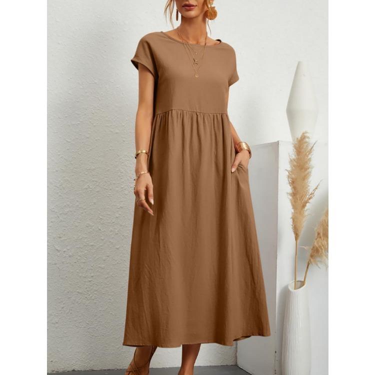 Women's Summer Dress Round Neck Short Sleeve Midi Dress Loose