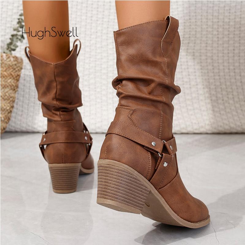Fashion Classic Pleated Design Riding Boot Woman Triangle Buckle Strap Western Booties Ladies Heeled Pointed Toe Brand Design Long Botas