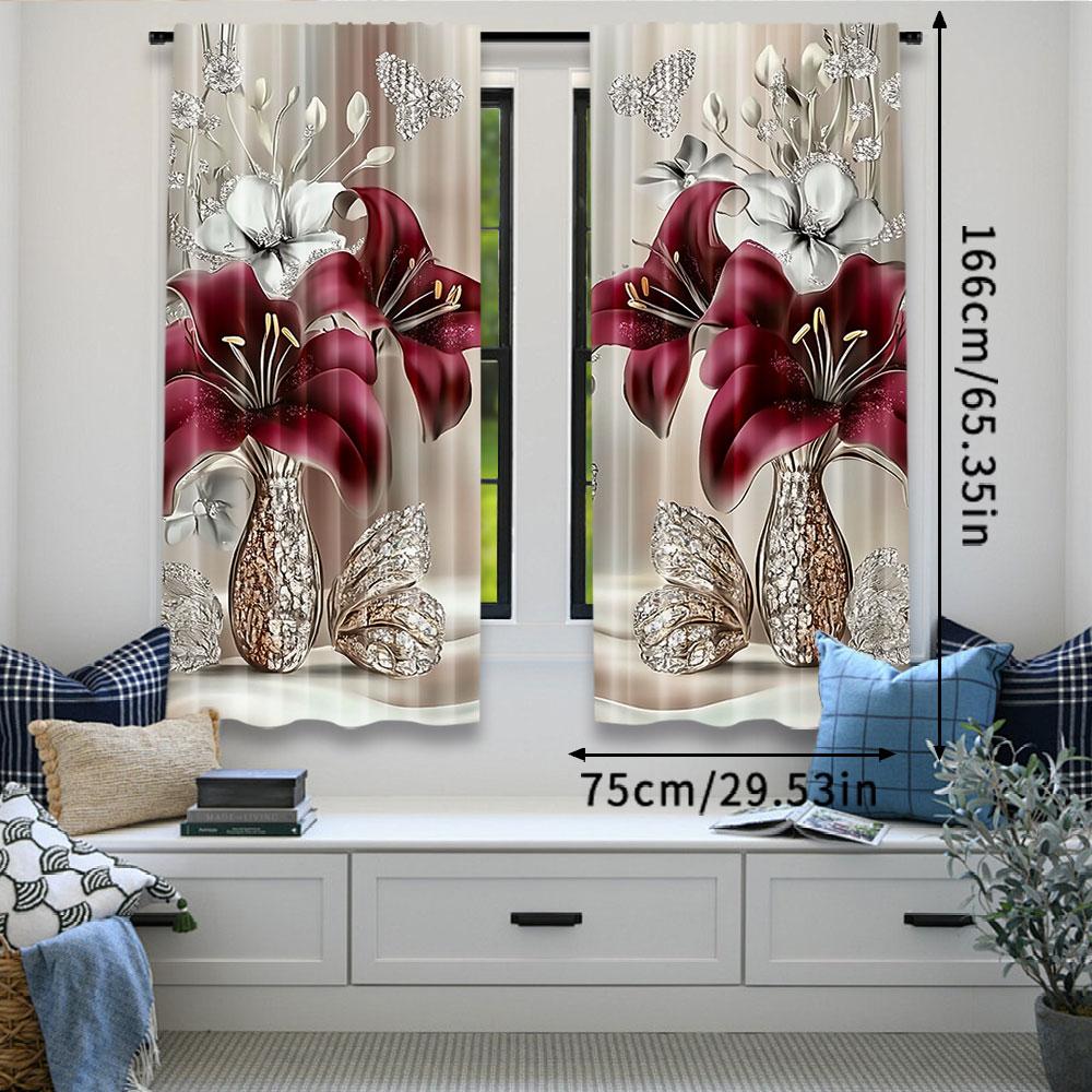 2Pcs Stylish White And Red Floral Printed Curtains Elegant Curtains Suitable For Bedroom Kitchen Dining Room Living Room Study