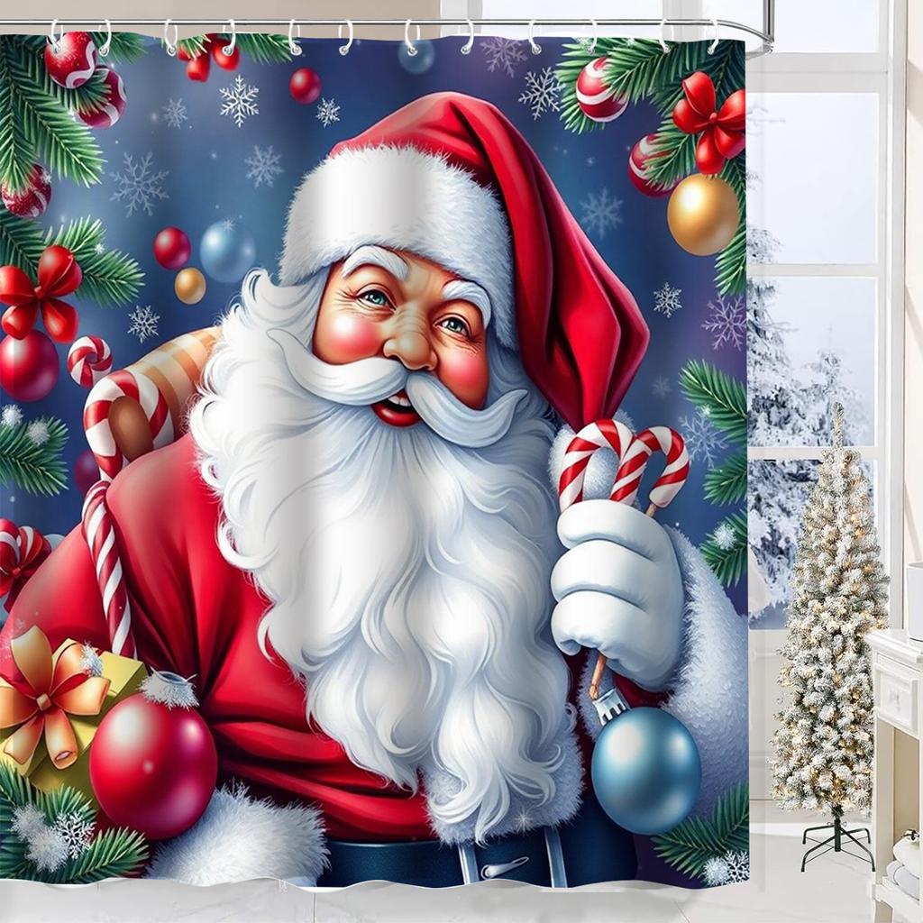 Merry Christmas Santa Claus Shower Curtain Bath Sets Non-Slip Bathroom Rug Toilet U With 12 Hooks bathroom decor and accessories
