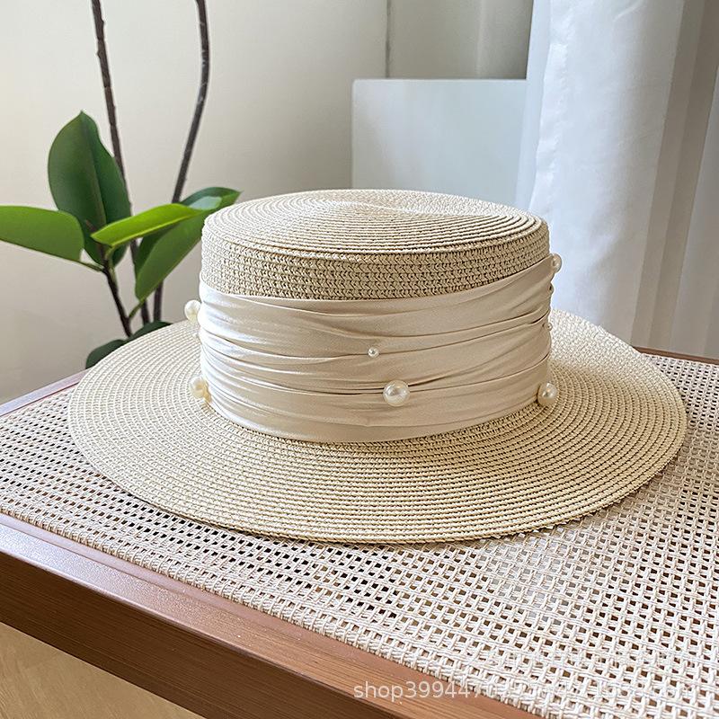 Sporadic pearl sweet small fresh flat top straw hat fashion top hat children spring and summer sun protection straw visor tide
