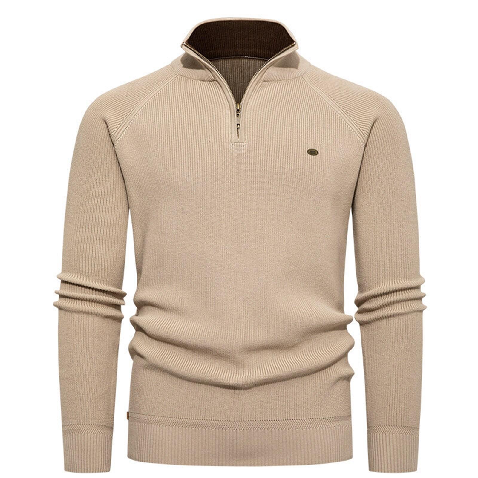 Men s Vertical Pitted-Stripe Knitted Sweater With Half-Zip Stand Collar L