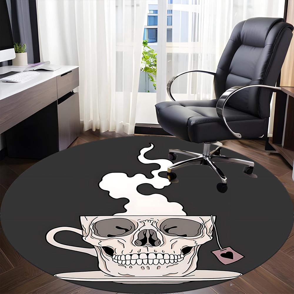 1pc Coffee Skull Office Round Area Rug, Under Office Chairs Bedroom Living Room Home Decor, Room Deco