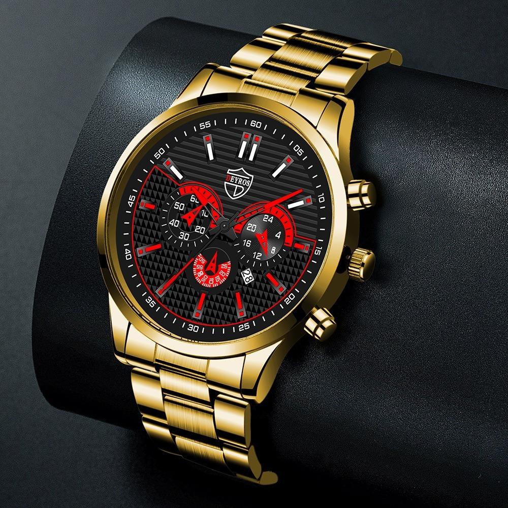 DEYROS Fashion Men's Calendar Steel Strap Watch Men's Casual Fake Three Eyes Quartz Wristwatch, Best Choice for Men's Gifts