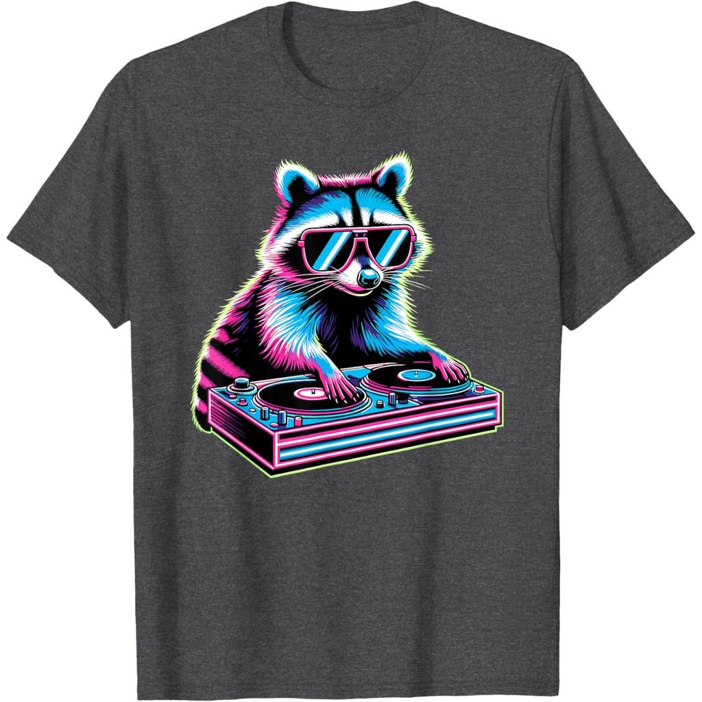 Neon Raccoon DJ Graphic Tee Retro Animal Music Festival Streetwear T-Shirt for Men