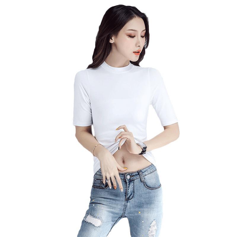 Women's Slimming Fitted T-Shirt: Round, V-Neck, or Mock Neck; Short or Three-Quarter Sleeves; Semi-High Neck Basic Top.