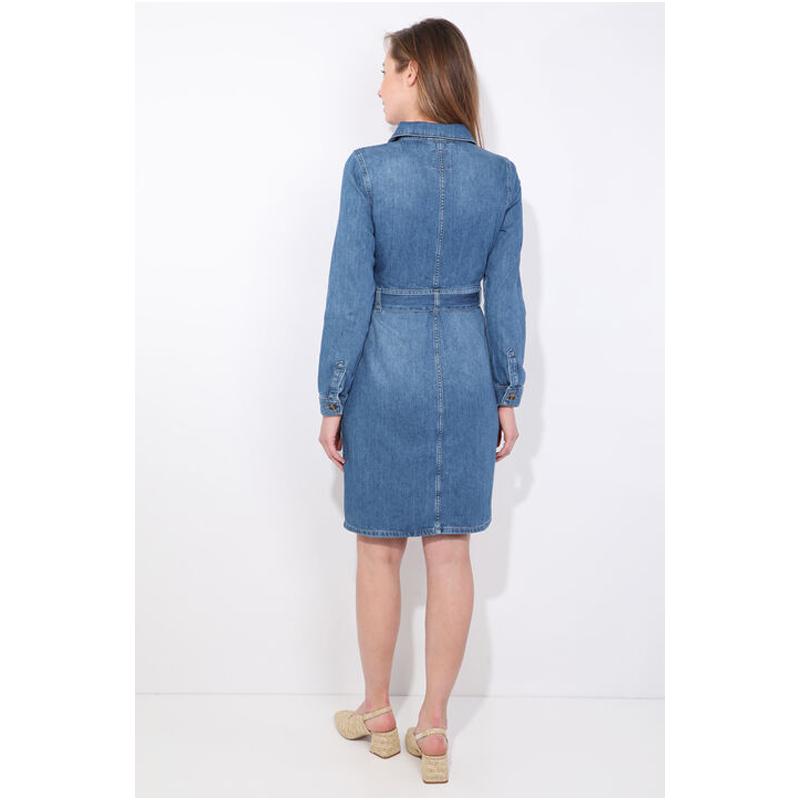 Rochie de damă, cu mânecă lungă, cu centură albastră