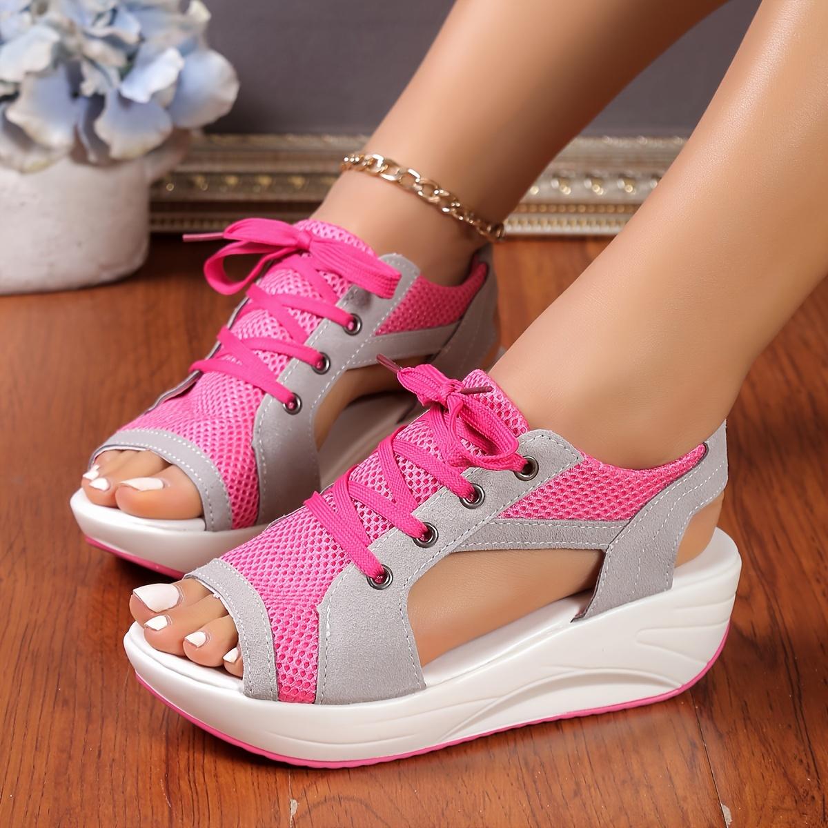 

Женские сандалии на танкетке «рыбий рот» — дышащие пляжные сандалии на толстой платформе со шнуровкой, повседневная одежда, стильная обувь 35 розовый