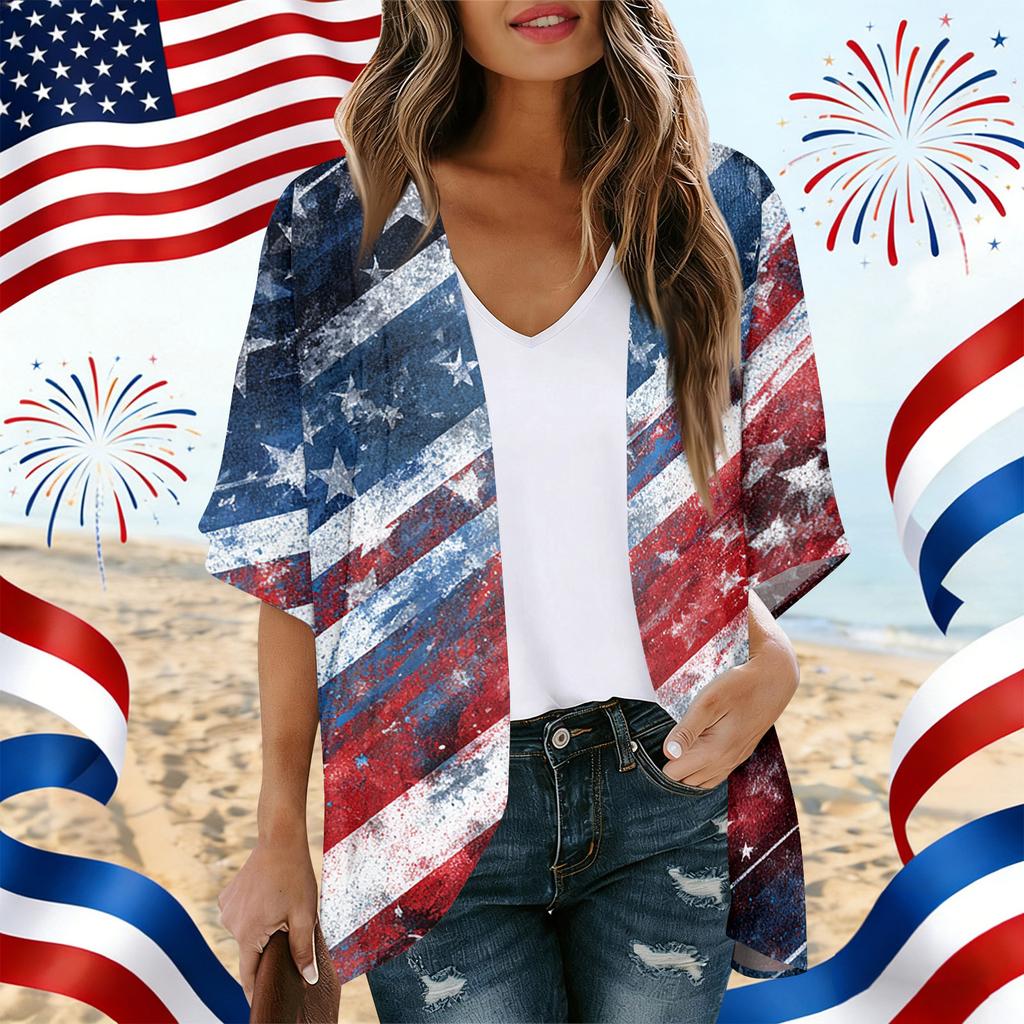 Women's Independence Day Print Cardigan, Loose-Fit Tunic, Casual Shirt