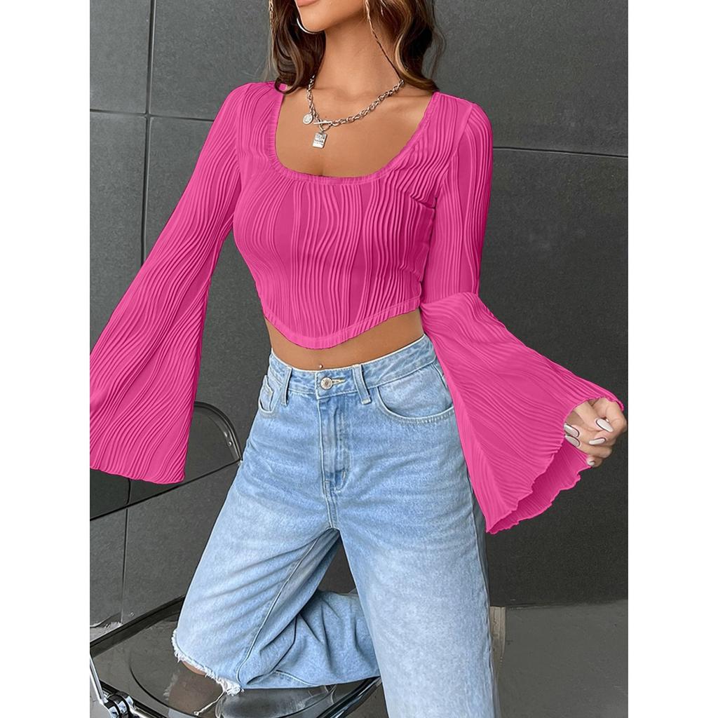 Women's Solid Color U Neck Cropped Flare Long Sleeve T-shirt, Slim Fit Sexy Short Sleeve Top, Fashion Casual Streetwear for Women