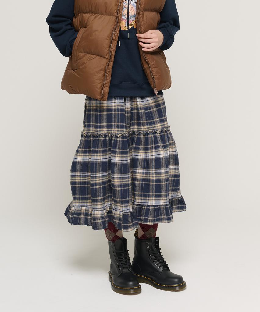 Cargo Bros For Woman Check Tiered Elastic Long Skirt (Navy)