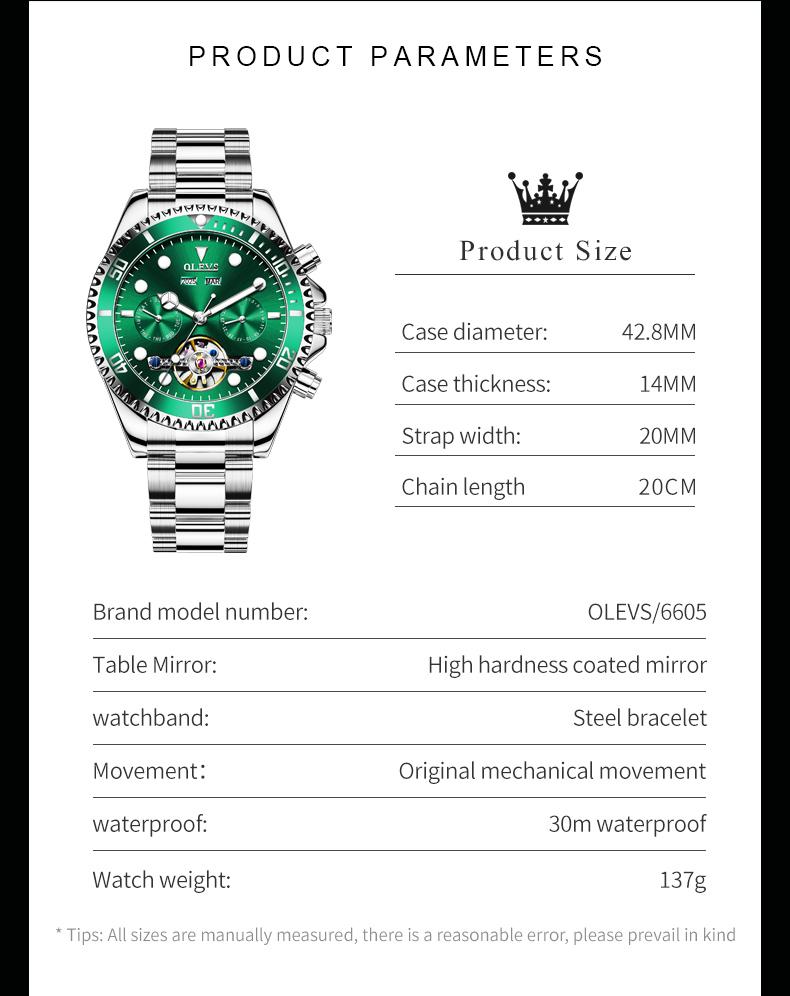 OLEVS 6605 Classic Original Mechanical Wristwatches For Man Skeleton Flywheel Calendar Business Automatic Men's Watch