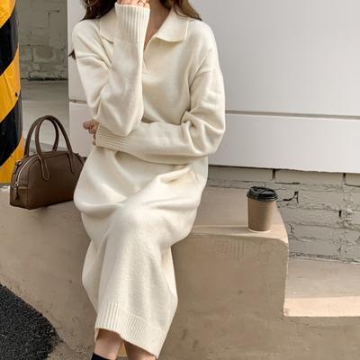 Vestidos largos de punto con cuello polo para mujer, otoño e invierno