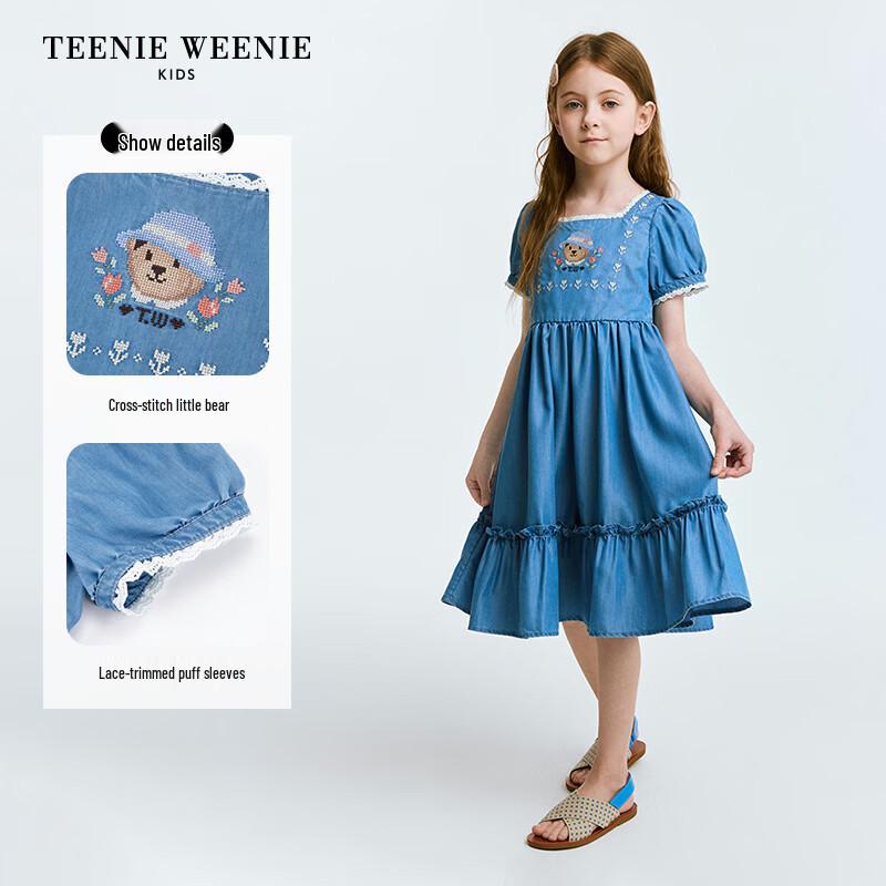 Teenie Weenie Kids Girls' Square Neck Puff Sleeve Denim Dress
