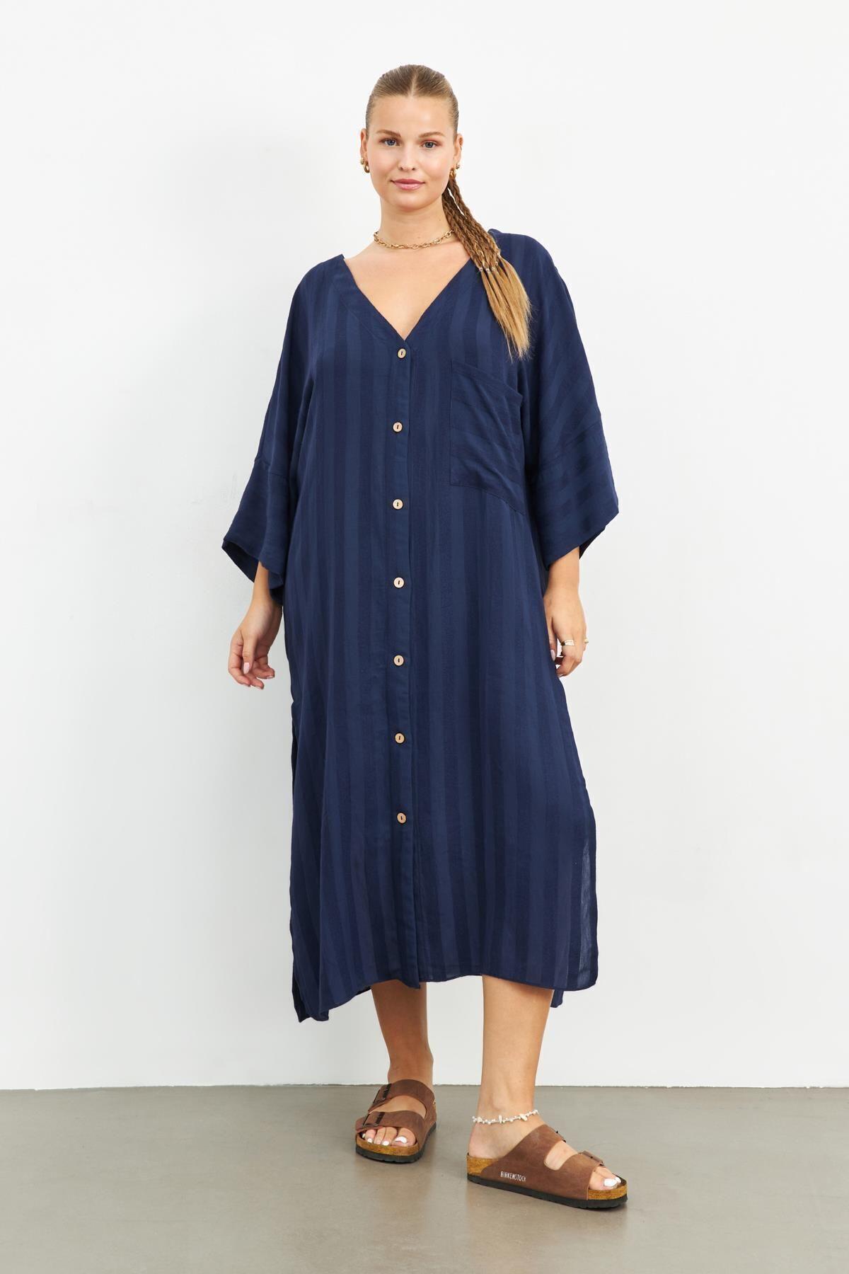 

Women s Big Size Dress Navy Blue V-Neck Shirt Dress