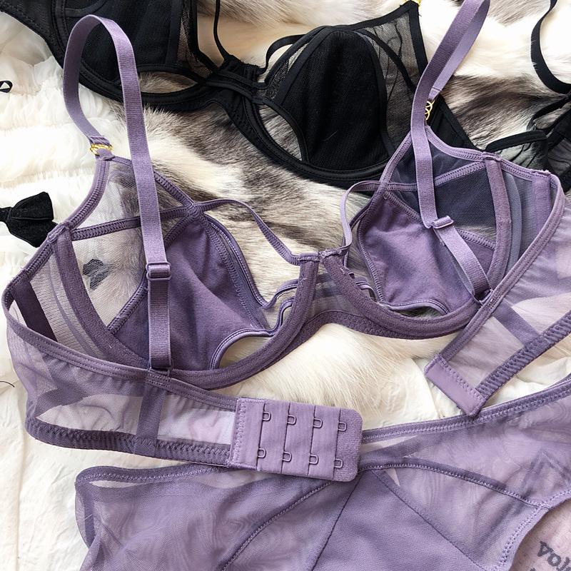 Sexy Hollow Lingerie Set French Ultra Thin Women Bra Summer Breathable Purple Plus Size 95CD Cup Underwear Push Up Brassiere