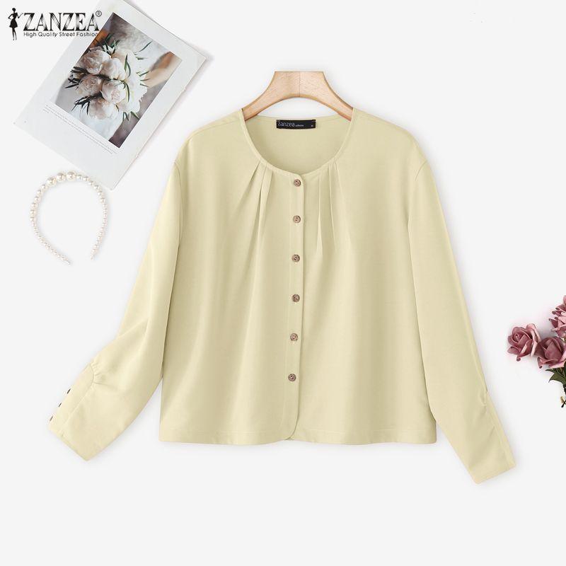 ZANZEA Blusa Casual da Donna a Girocollo a Maniche Lunghe e Ampia a Tinta Unita
