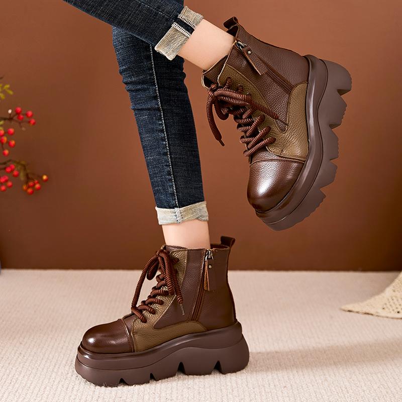Fashion GKTINOO Genuine Leather Ankle Boots Round Toe Thick Soled Flat Platform Women's Shoes Autumn Winter Retro Handmade Short Boots