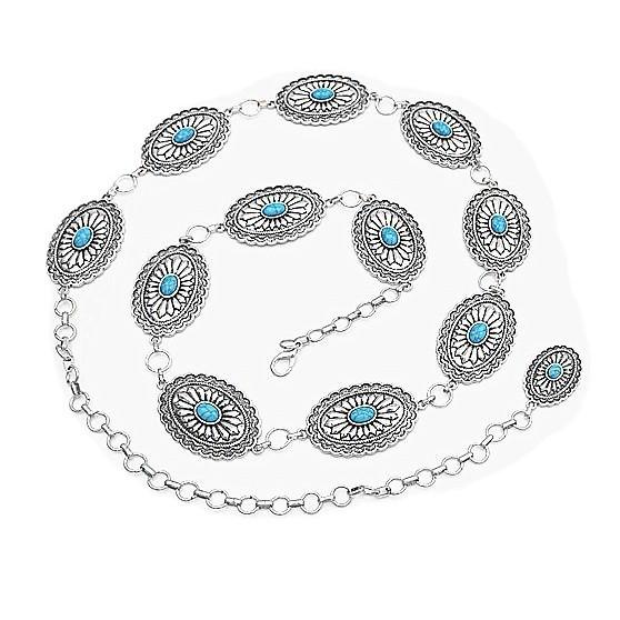Vintage Turquoise-Inlaid Metal Waist Chain for Dresses & Jeans - European & American Niche Fashion