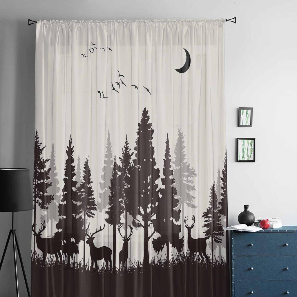 Wald Silhouette Hirsch Tier Mond Fenster Tüll Vorhänge für Wohnzimmer Schlafzimmer Hotel Luxus Dekoration Gardinen