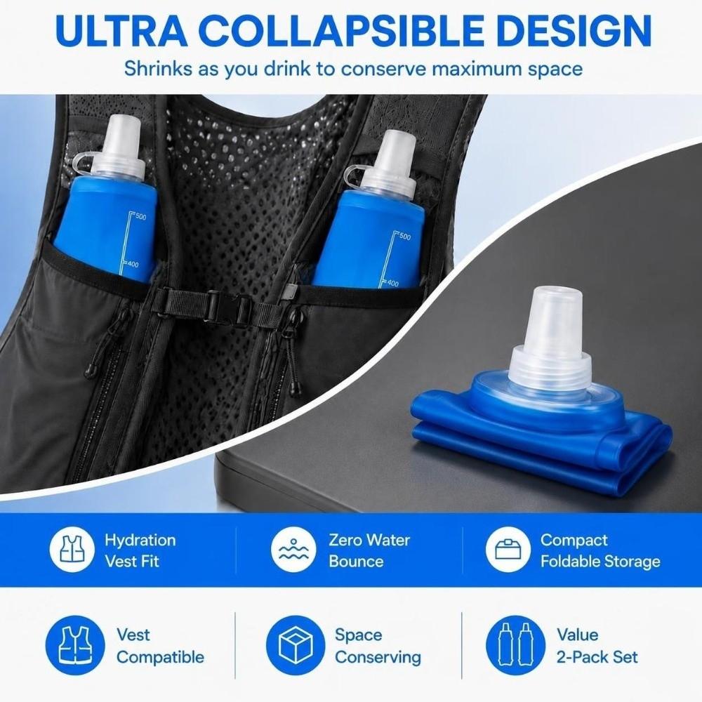 2 Pack TPU Hydration Bladder Bag 500ml Drink Containers Collapsible Soft Water Bottles Hiking