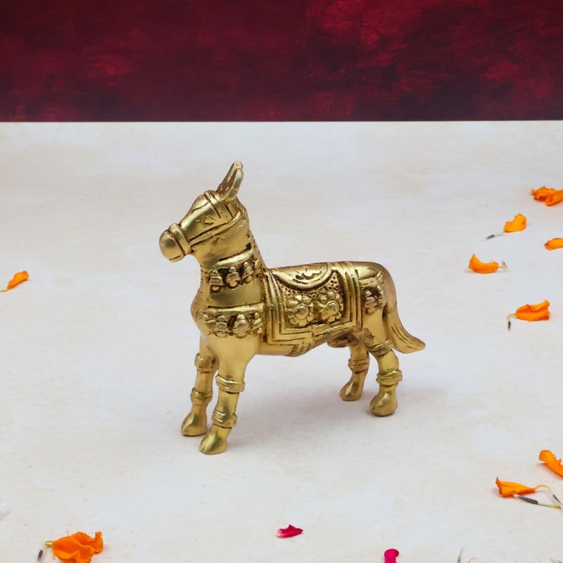 Pure Brass Animal Horse Statue, Handcrafted Decorative Showpiece Idol - 10.5 Cm
