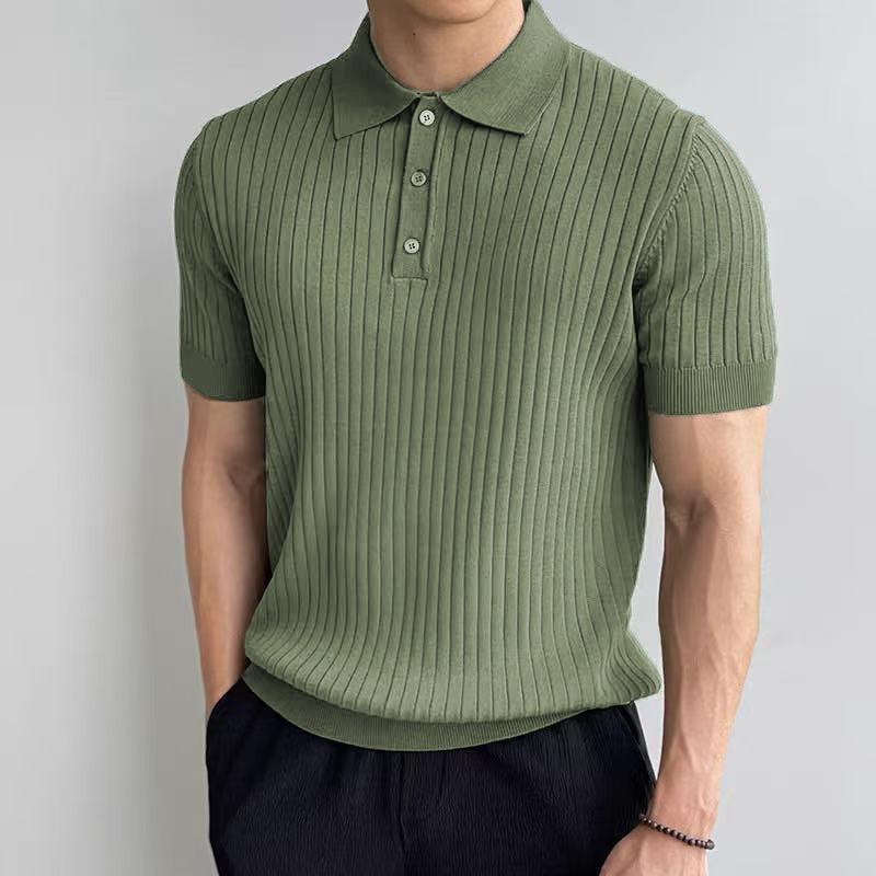 Summer Vintage Polo-neck Knitting Pullover Top Male Short Sleeve Solid Color Tee Men Casual Fashion T-shirt