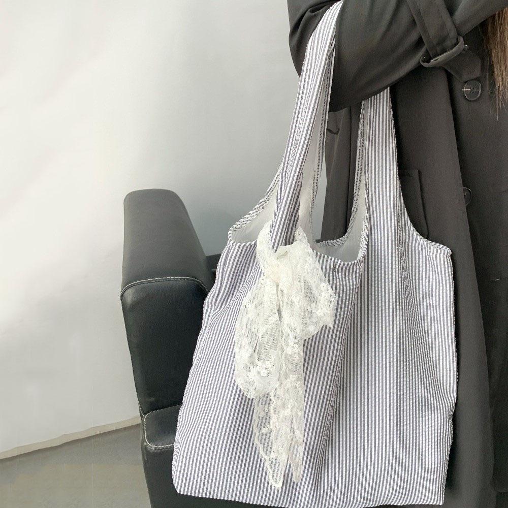 Canvas Striped Shoulder Bag Literary Style Large Capacity Underarm Bag Canvas Hobo Bag  Shopping