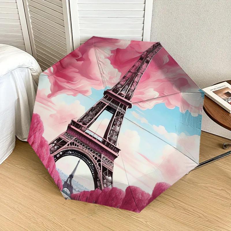1pc Eiffel Tower Pink Clouds Paris Romance Umbrella with Plastic Handle,Suitable for All Seasons Home Travel Outdoor UmbrellaDD369
