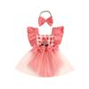 Sweet Baby Girl Fruit Flower Mesh Patchwork Dress with Lace Trim, Bowknot, Harem Skirt, and Hair Tie.