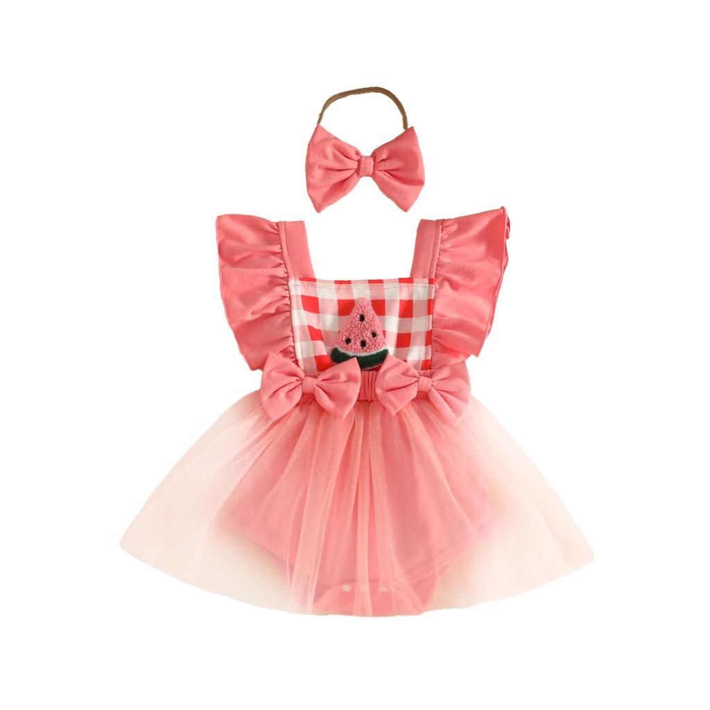 Sweet Baby Girl Fruit Flower Mesh Patchwork Dress with Lace Trim, Bowknot, Harem Skirt, and Hair Tie.