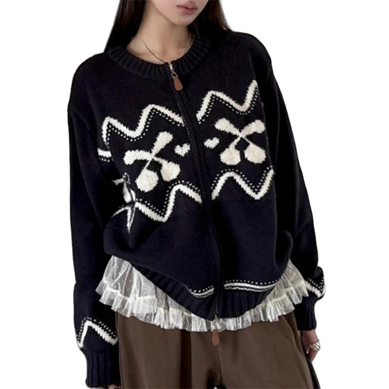 Women's Fair Isle Cashmere Jacquard Cardigan – Autumn/Winter, Thick, Round Neck, Zipper Wool Coat
