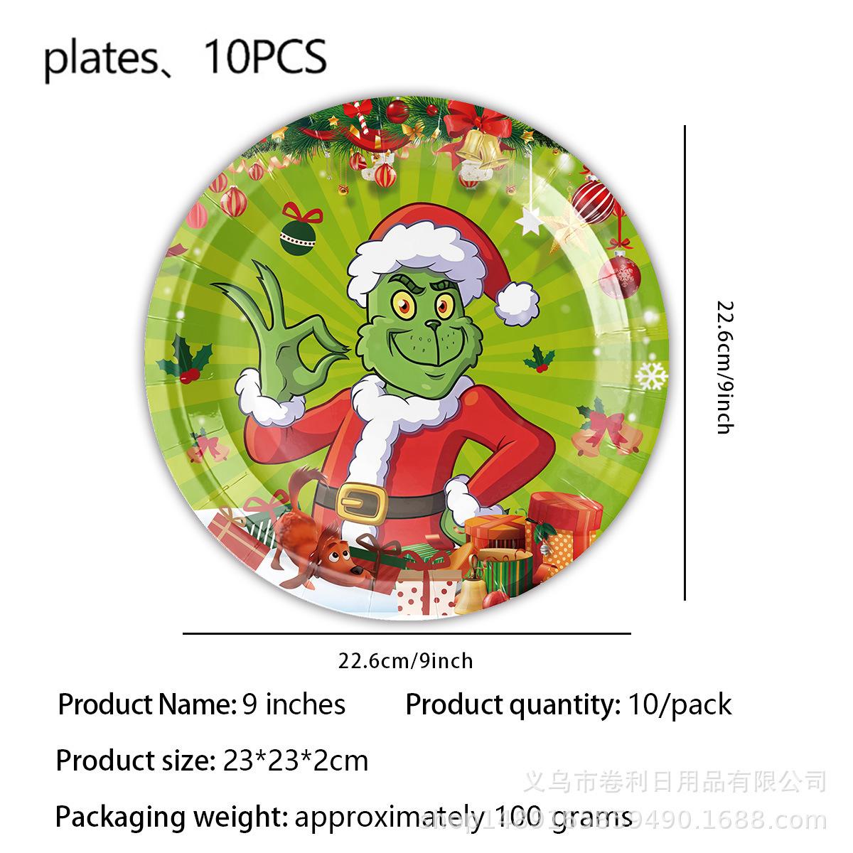 

Рождественская вечеринка Гринча Декоративная посуда Флаг Скатерть Набор Принадлежности Оформление Бумажная тарелка Посуда Одноразовая 9 inch plate 10pcs [food grade wood pulp]