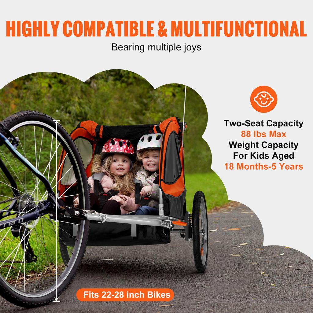 SucceBuy 88/100 Lbs Child Bike Trailer Double Seat Carrier Converts To Stroller Foldable Children Bicycle Trailer for Toddlers
