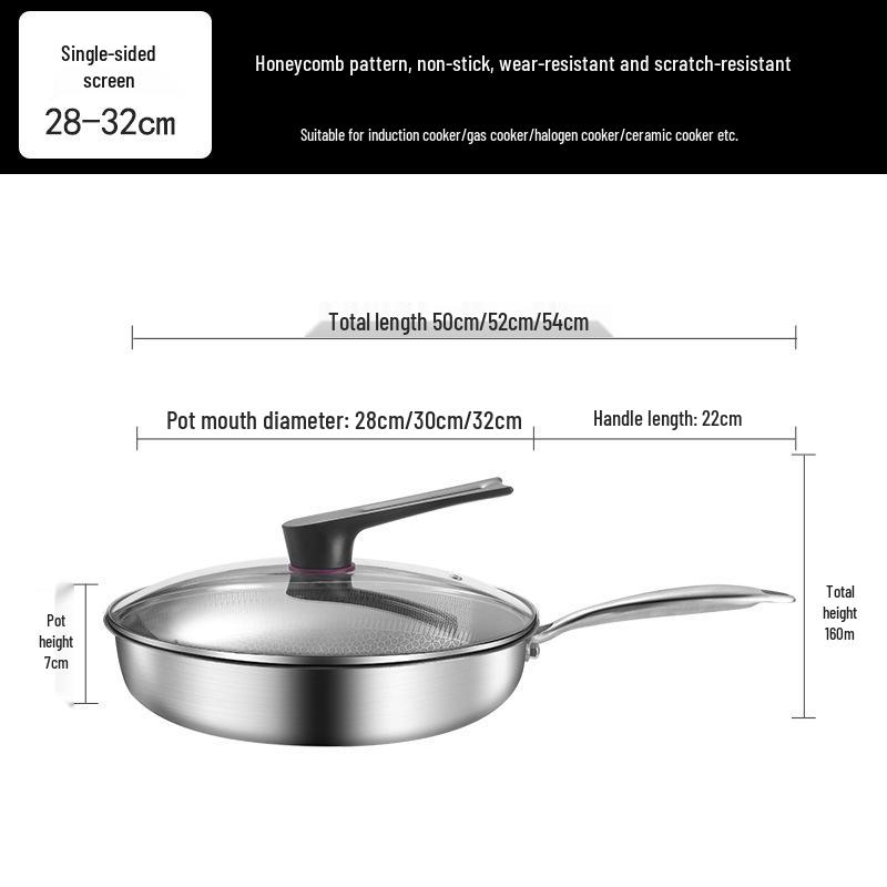 Extra Thick Non-stick Stainless Steel Honeycomb Wok - Flat-bottomed Frying Pan for Cooking