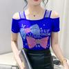Summer Women Bow Letter Shiny Hot Diamonds T-Shirt Sexy Off Shoulder Slim Top New Chic Short Sleeve Tees Shirts
