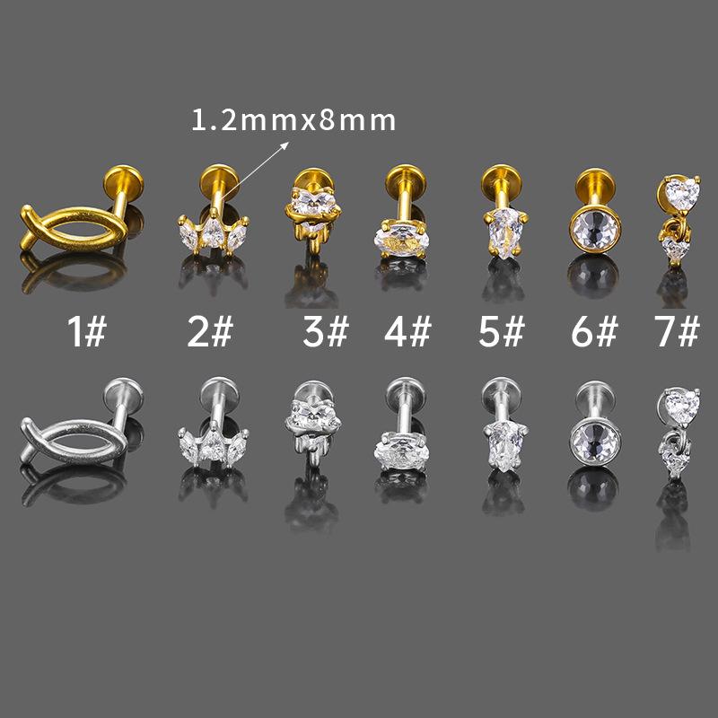 316L Stainless Steel Lip Stud & Cartilage Earring - Zircon Heart Fish Bone Crown Design