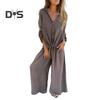 Women's Cotton-Linen Two Piece Outfit Long Sleeve Lapel Button Down Top Matching Wide Leg Pants Casual Loungewear Set