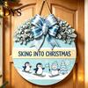 Winter Atmosphere Decor Christmas Wooden Welcome Sign for Front Door, Round Hanging Ornament with Santa Claus Snowman Art Artificial Pine Branches