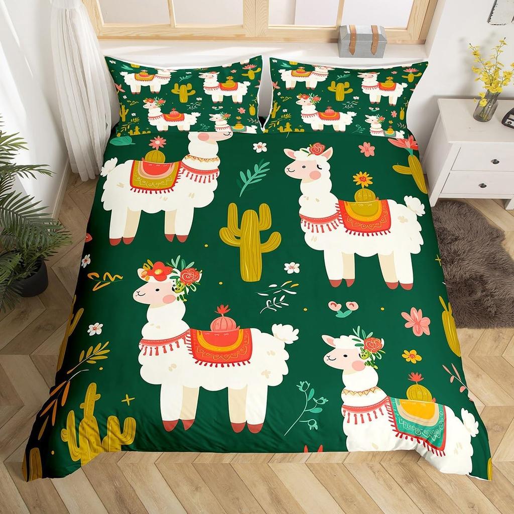 Alpacka Påslakan Queen King Size Tecknad Alpacka Sängkläder Set Lämpligt för Barn Tonårsflickor Sött Djurtryck Täckeöverdrag 3 Delar
