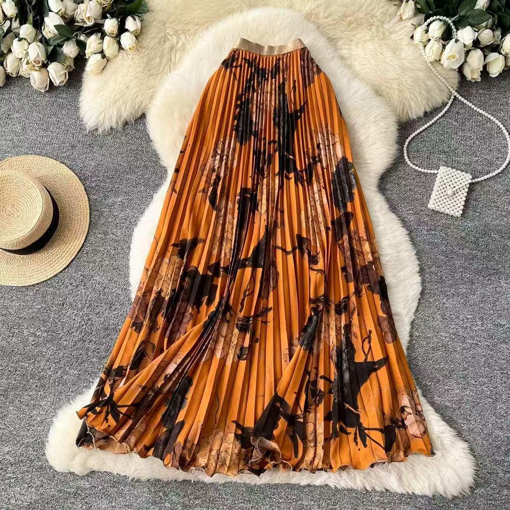 Women's High-Waisted Chinese Ink Print Pleated Midi Skirt
