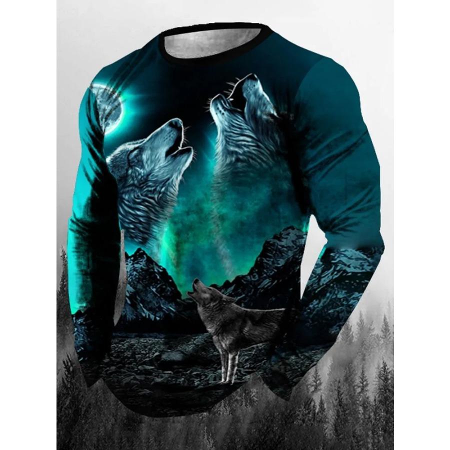 T Shirt for Mens Wolf Pattern Print Long Sleeve Leisure 3D Polyester Man's T-shirts
